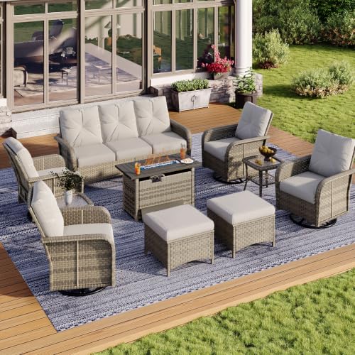 10-Piece Wicker Rattan Patio Furniture Set with 44" Fire Pit Table, view 2