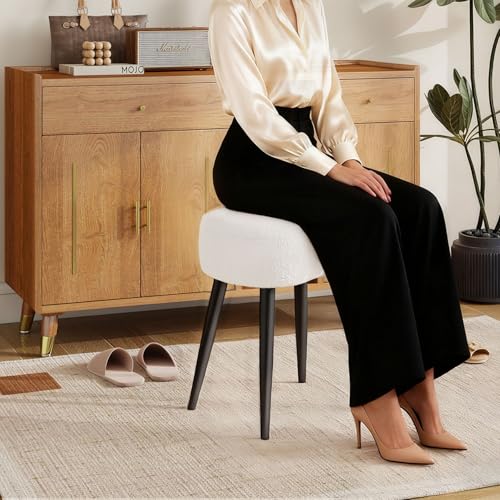 Teddy Velvet Vanity Stool, Upholstered Makeup Chair with Sturdy Metal Legs, Soft Padded Ottoman Footrest, Modern Accent Stool for Bedroom, Living Room, Entryway (White, 17.7in H)
