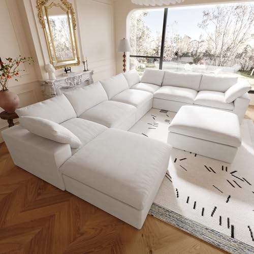 Cloud Modular Sectional Couch,160inch Overzised Down Filled Comfort Sofa Couch for Living Room,8 Seater Minimalist Wide Deep Seat Convertible Couches,Sofa Cover Washable & Removable,White