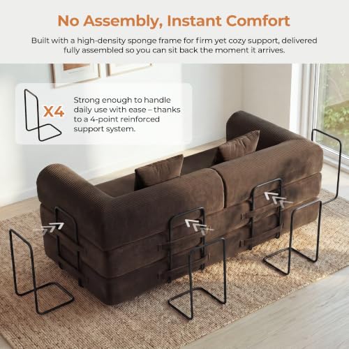 79'' Convertible Sofa Bed, Folding Sleeper Couch with Pull Out Bed, Modular Floor Couch with Cushions, Corduroy Sofa for Apartment Living Room Bedroom Guest Room Use, No Assembly (Brown)