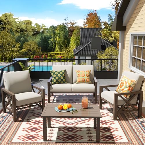 Patio Furniture Sets, 4 Pieces Outdoor Furniture Modern Metal Patio Sectional Sofa Conversation Set,2 Motion Rocking Chairs,6.5" Olefin Cushions for Yard,Porch,Poolside