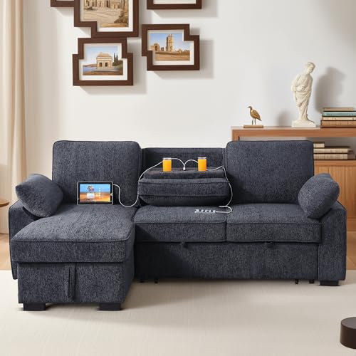 L-Shaped Pull Out Sleeper Sofa Bed, Modern Chenille Upholstered Button Tufted Corner Reversible Sleeper Sectional Sofa Couch with Storage Chaise, Drop-Down Table, Cup Holders and Charging Ports