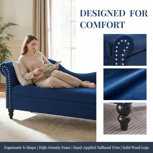 64.5" Velvet Chaise Lounge Chair Indoor with Storage, Navy Blue, view 7