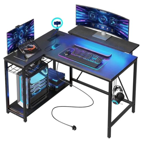 42" L-Shaped Gaming Desk with LED Lights and Power Outlets, Black, view 2
