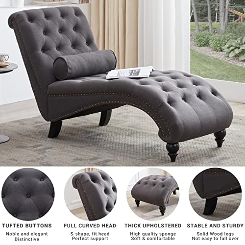 Button-Tufted Chaise Lounge Indoor with Solid Wood Legs & Support Pillow, view 7