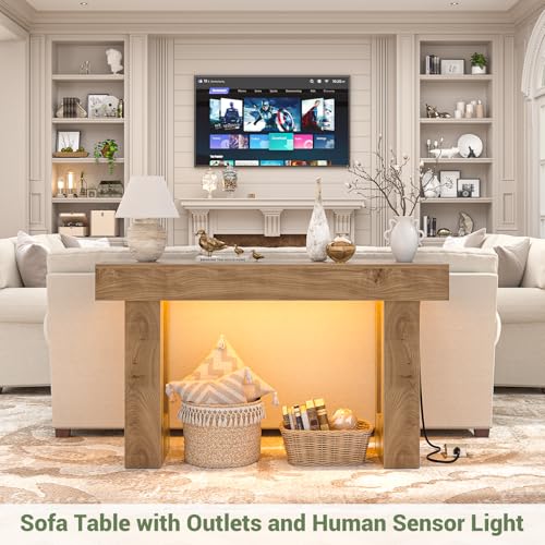 47" Entryway Table with Socket and Sensor Light, Narrow Console Table with Storage Behind Couch, Farmhouse Entry Way Tables with Open Storage for Entrance/Hallway/Living Room, Natural Oak