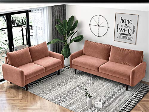 Americus Velvet Upholstered 3 Seater Couch for Living Room, with Luxurious Mid Century Modern Design and Wooden Base, Sofa, Rose