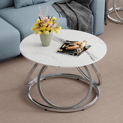 Silver Coffee Table, Round Coffee Table Faux Marble Veins, Modern Center Table with Chrome Finish, for Living Room, Home Office, 1 PC