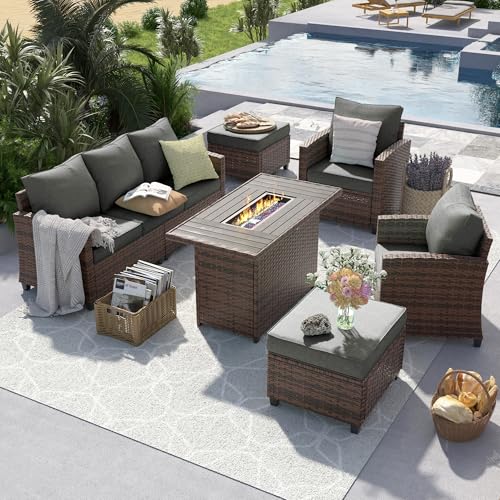 Outdoor Patio Furniture Set with 44" Fire Pit Table, 6 Pieces Sectional Conversation Sets, All-Weather Wicker Rattan Sofa Ottoman with 4" Thick Cushion for Garden Backyard Deck, Dark Grey