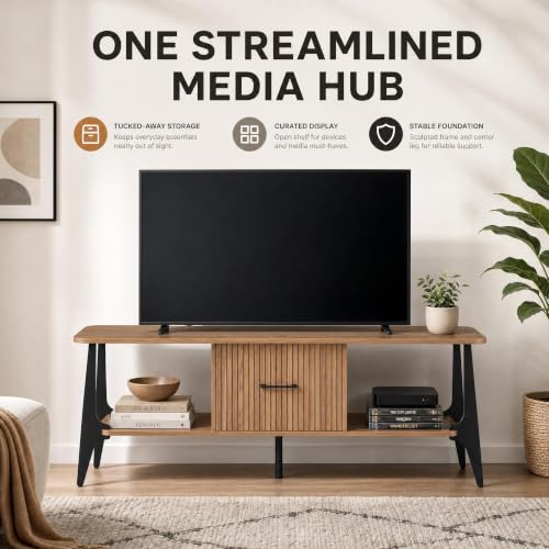 Modern TV Stand, Fluted Media Console with Storage, Open Shelves, Oak, view 8
