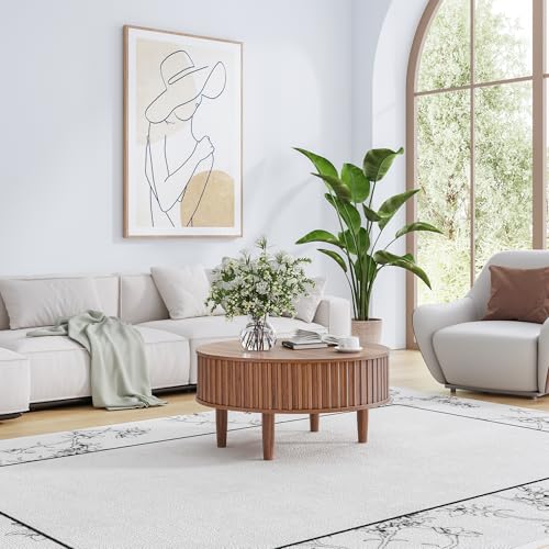 Round Lift Top Coffee Table with Storage, Fluted Mid Century Modern Coffee Tables, Small Space,31.5" Wooden Center Table for Living Room, Apartment, Office (Walnut)