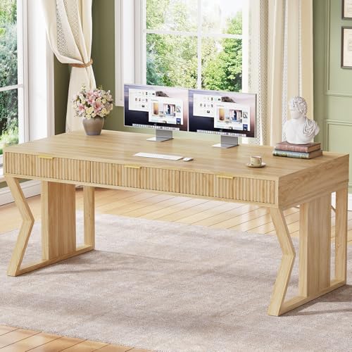 55" Executive Office Desk with 3 Drawers, Home Office Desk with Storage Drawers, Computer Writing Desk Study Table, Natural Oak
