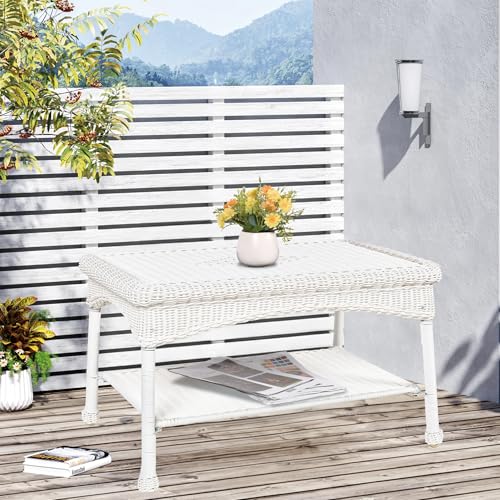 Jeco Carell Furniture Wicker Patio Furniture Coffee Table in White