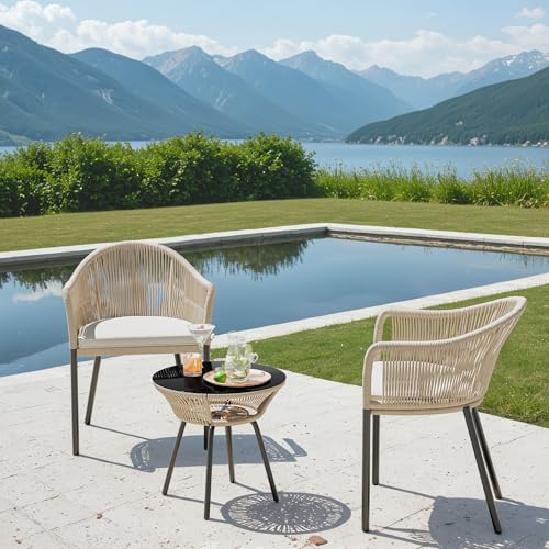 Patio Furniture Set 3 Pieces Rope Woven Bistro Set Outdoor Conversation Set with 2 Wide Chairs,Cushions and Tempered Glass Table for Balcony Porch Backyard Garden Poolside