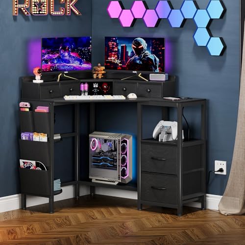 Corner Desk with 6 Drawers Shelves for Small Space Computer Desk with Power Outlets,Gaming Desk with Printer Monitor Stand Storage for Home Office Workstation Writing Table (Black, 31.5)