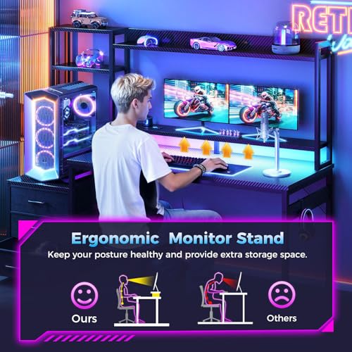 55 Inch Gaming Desk with Hutch & LED Lights & PC Tower Stand, view 7