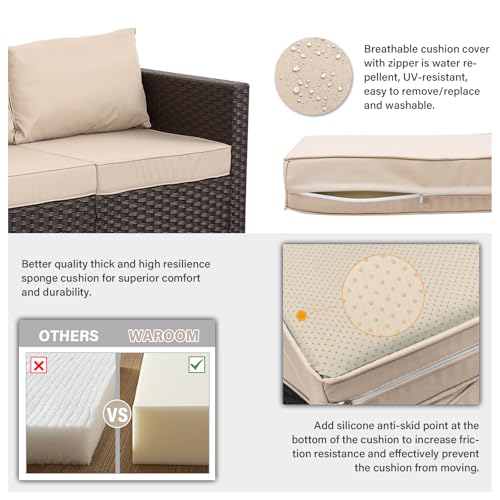Patio Couch PE Rattan 3-Seat Outdoor Sofa Brown Wicker Furniture Set Deep Seating with Anti-Slip Beige Cushion