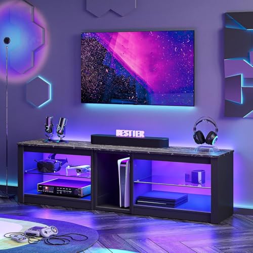 TV Stand for 70 inch TV, Gaming Entertainment Center for PS5, LED TV Cabinet with Glass Shelves for Living Room, 63'' Inch, Marble Black