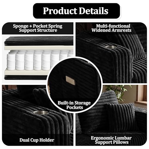 67'' L-Shaped Cloud Modular Sectional Sofa, Modern Corduroy Memory Foam Couch with Cup Holders, Upholstered Boneless Deep Seat Fluffy Loveseat with Ottoman, No Assembly Needed, for Home, Black