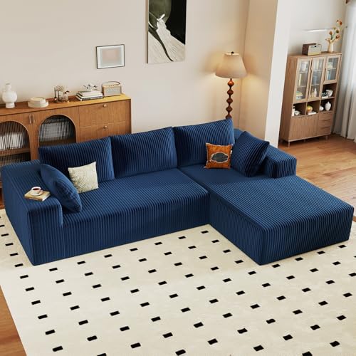 96" Cloud Sectional Couch with L-Shaped Chaise, Modern Corduroy Sectionals Couches with Deep Seat, Boneless Sofa 3 Seater for Living Room, No Assembly Required (Blue, Right Facing Chaise)