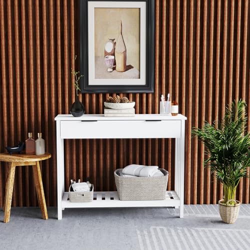 White Narrow Console Table with Drawer Storage Shelf, Modern Wooden Entryway Sofa Table, 39 Inch Slim Behind Couch Table, Side Display Console Table for Living Room,Office,White
