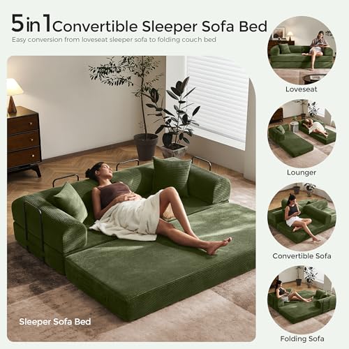79" Convertible Sofa Bed with Fixed-Shape Frame & Removable Armrests, Modular Corduroy Sleeper Sofa, Folding Mattress Couch for Small Spaces - No Assembly Needed in Green (Includes 2 Pillows)
