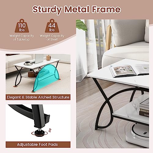 2-Tier Rectangular Coffee Table, Faux Marble Table with Open Storage Shelf, Black Finished Metal Frame, Modern Center Table for Living Room, Reception Room (White+Black)