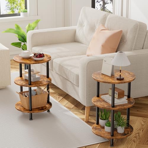 Side Table Living Room, Small Round End Table, 3 Tiers Accent Table for Small Spaces, Rustic Brown