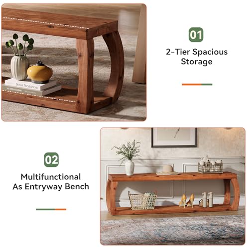 59" Long Solid Wood Dining Bench with 2-Tier Design | Farmhouse Entryway Bench with Open Shelves for Kitchen, Entry, Living Room, Bedroom, Hallway, Rustic Brown