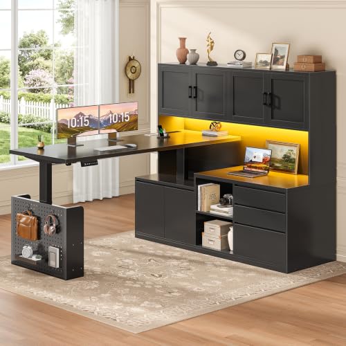 L Shaped Electric Standing Desk with Hutch, view 2