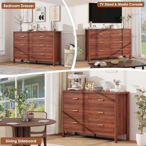 6 Drawer Dresser, Modern Wooden Storage Chest of Drawers, Walnut, view 8