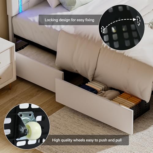King Size Bed Frame with LED Lights and Storage Drawers, Upholstered Platform Bed with Diamond Tufted Headboard, Wooden Slats Support, No Box Spring Needed, Easy Assembly, White