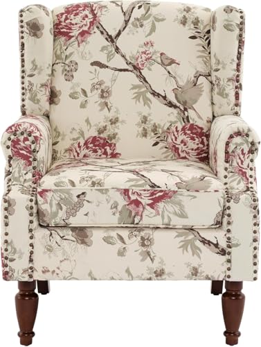 High Back Accent Chairs Set of 2, Floral Wingback Chair Fabric Upholstered Armchair for Living Room, Nailhead Trim Single Sofa Bedroom Reading Seat - Beige