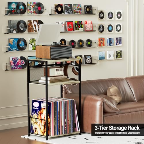 3 Tier End Table, Record Player Stand with Storage Up to 100 Albums, view 7