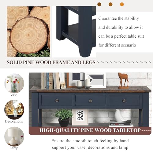 Solid Wood Console Table for Entryway;Sofa Table with Storage | 48.8 Inch Blue Real Wood Farmhouse Console Table with Drawers;Entry Way Table for Living Room,Foyer,Hallway;Easy Assembled