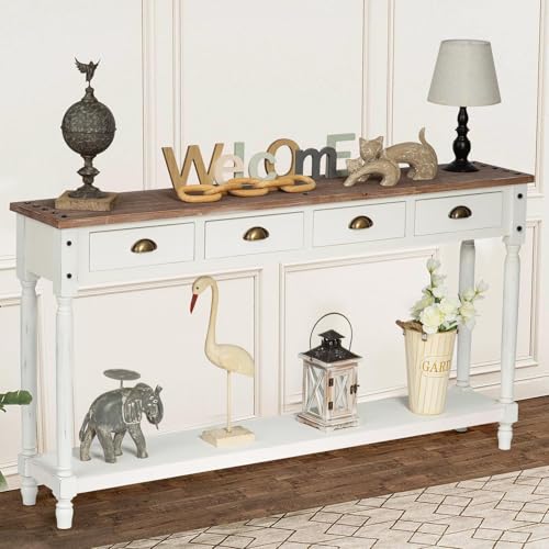 Farmhouse Console Table with 4 Drawers, 60" Long Narrow, White | Boho Sofa Foyer Stand with Large Storage Space, Solid Wood Frame and Legs for Entryway, Hallway, Living Room