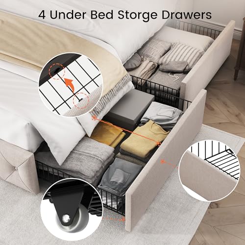 Queen Size Bed Frame with 4 Storage Drawers and 47.2" Tall Tufted Headboard, view 8