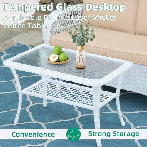 4-Piece Outdoor Patio White Wicker Conversation Sets, All Weather Outdoor Rattan Furniture Set Includes Glider Loveseat, Coffee Table, 2 Rocking Chairs with Cushions for Backyard, Beige