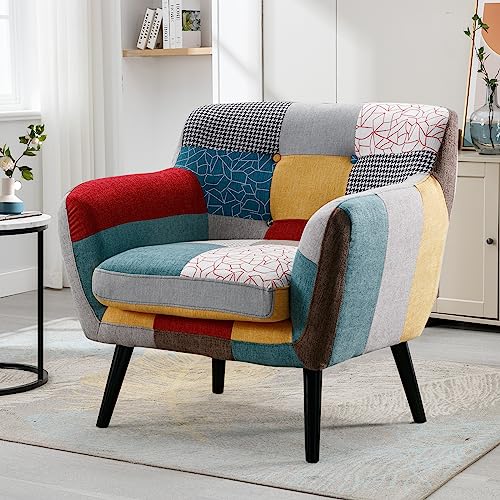 Modern Oversized Accent Chair for Living Room, Colorful Boho Linen Fabric Upholstered Armchair with Wood Legs, Single Chair