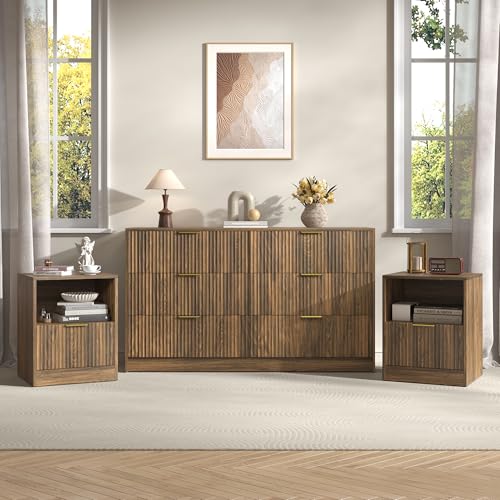 3-Piece Modern Bedroom Furniture Set, Wide 6-Drawer Dresser & 1-Drawer Nightstands Set of 2, Natural Wood Dresser and Nightstand Sets for Bedroom, Hallway, Walnut