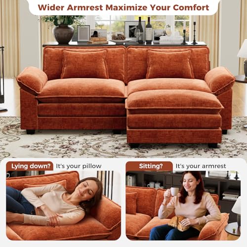 86" Modular Sectional Sofa, Comfy L-Shaped Cloud Couch with Movable Ottoman, 3-Seater Chenille Deep Seat Modern Sofa Couch for Living Room, Terracotta Orange