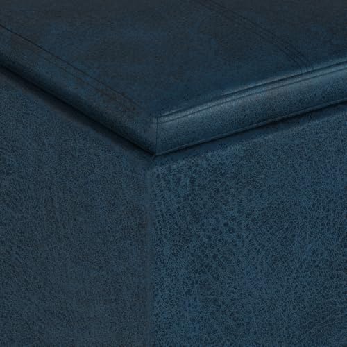 Rockwood Cube Storage Ottoman with Tray - 17" Wide x 17" High Upholstered Vegan Leather Square Storage Ottoman in Distressed Dark Blue, Contemporary Cube Ottoman with Serving Tray