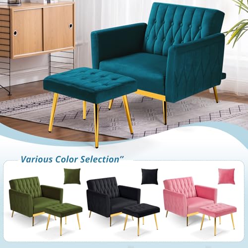 Velvet Accent Chair with Adjustable Armrests and Backrest, Button Tufted Lounge Chair, Single Recliner Armchair with Ottoman and Pillow for Living Room, Bedroom,Teal