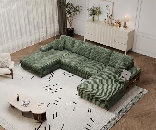 137” Oversized Corduroy Sectional Sleeper Sofa with Double Storage Chaise, U Shaped 4 Seat Sectional Couch,Green