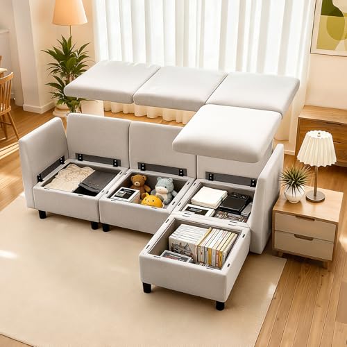 Modular Sectional Sofa, 3-Seater Modular Sofa with Hidden Storage, Customizable Cloud Sectional Couch with Ottoman, Solid Wood Frame Upholstered Couch for Living Room, Bedroom, Beige