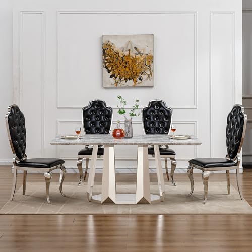 Marble Dining Table for 6 People, 70'' Rectangle Faux Marble Dining Table with Mirrored Stainless Steel Base, Large Size Marble Kitchen Table (Silver,Grey)(only Table)
