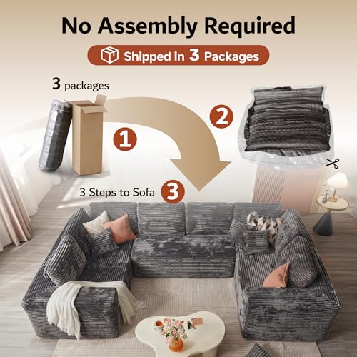 Sectional Cloud Couch for Living Room, Modular Floor Sofa with Plush Corduroy, No Assembly Required, Big Comfy Couches Set with Fluffy Memory Foam, Stupendous U Shaped Sofas with Chaise, Grey