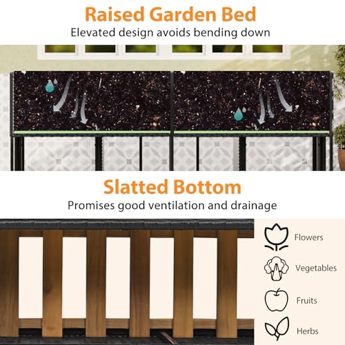 Patio Furniture Set with Raised Garden Bed, PE Rattan Garden Planter Table with Built-in Chairs and Storage Space, Acacia Wood Outdoor Conversation Set with Sturdy Metal Frame