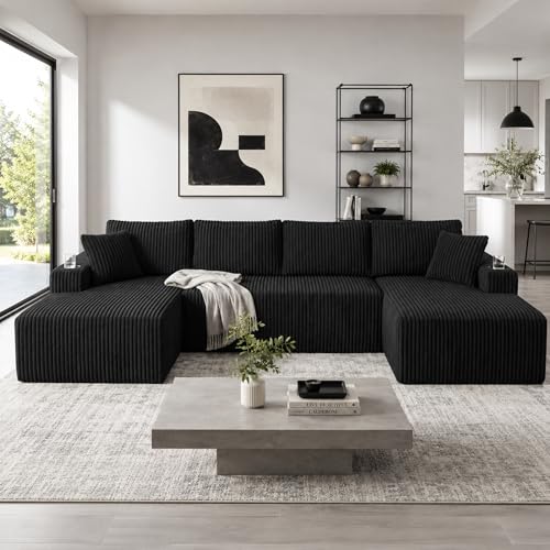 125" Cloud Couch Sectional, Modular Sofa with Cup Holder and Storage Pocket, Corduroy U Shaped Boneless Sofas, Couch in a Box, No Assembly Required, Black Couches for Living Room