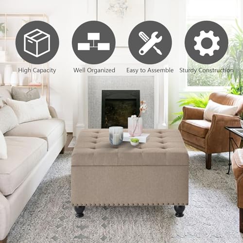 Oversized Square Ottoman Storage Bench for Living Room Bedroom Large Ottoman Coffee Table with Rubber Wood Legs, Linen Fabric Upholstered Foot Stool Foot Rest for Couch Sofa, Light Brown